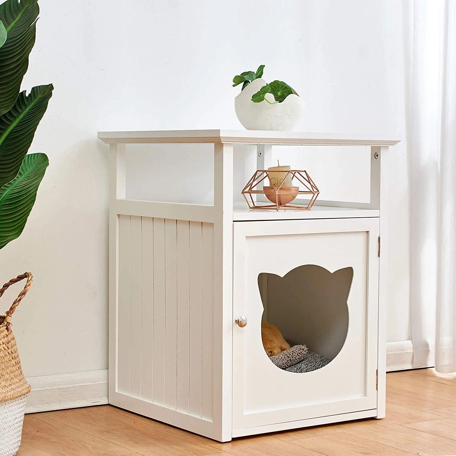 Bastet Wooden Cat Cave Bedside Cabinet Litter Box Cat House Nightstand White - Image 2