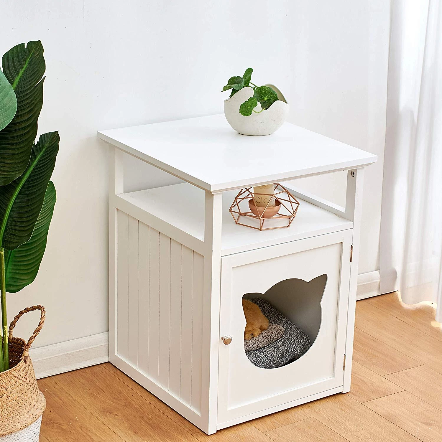 Bastet Wooden Cat Cave Bedside Cabinet Litter Box Cat House Nightstand White - Image 3