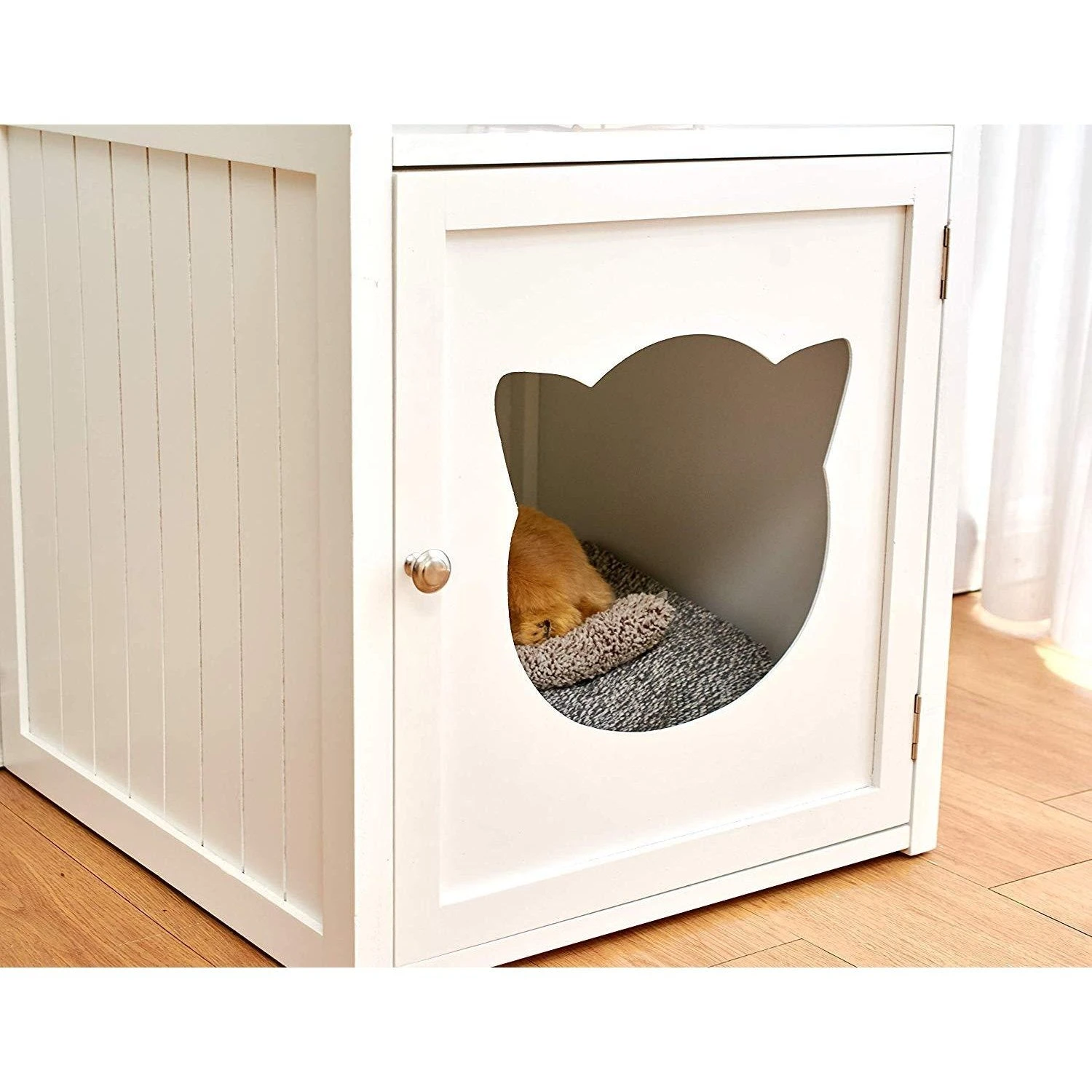 Bastet Wooden Cat Cave Bedside Cabinet Litter Box Cat House Nightstand White - Image 5