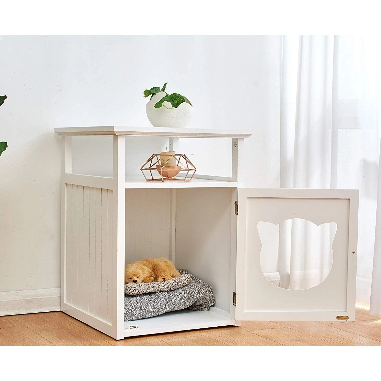 Bastet Wooden Cat Cave Bedside Cabinet Litter Box Cat House Nightstand White - Image 4