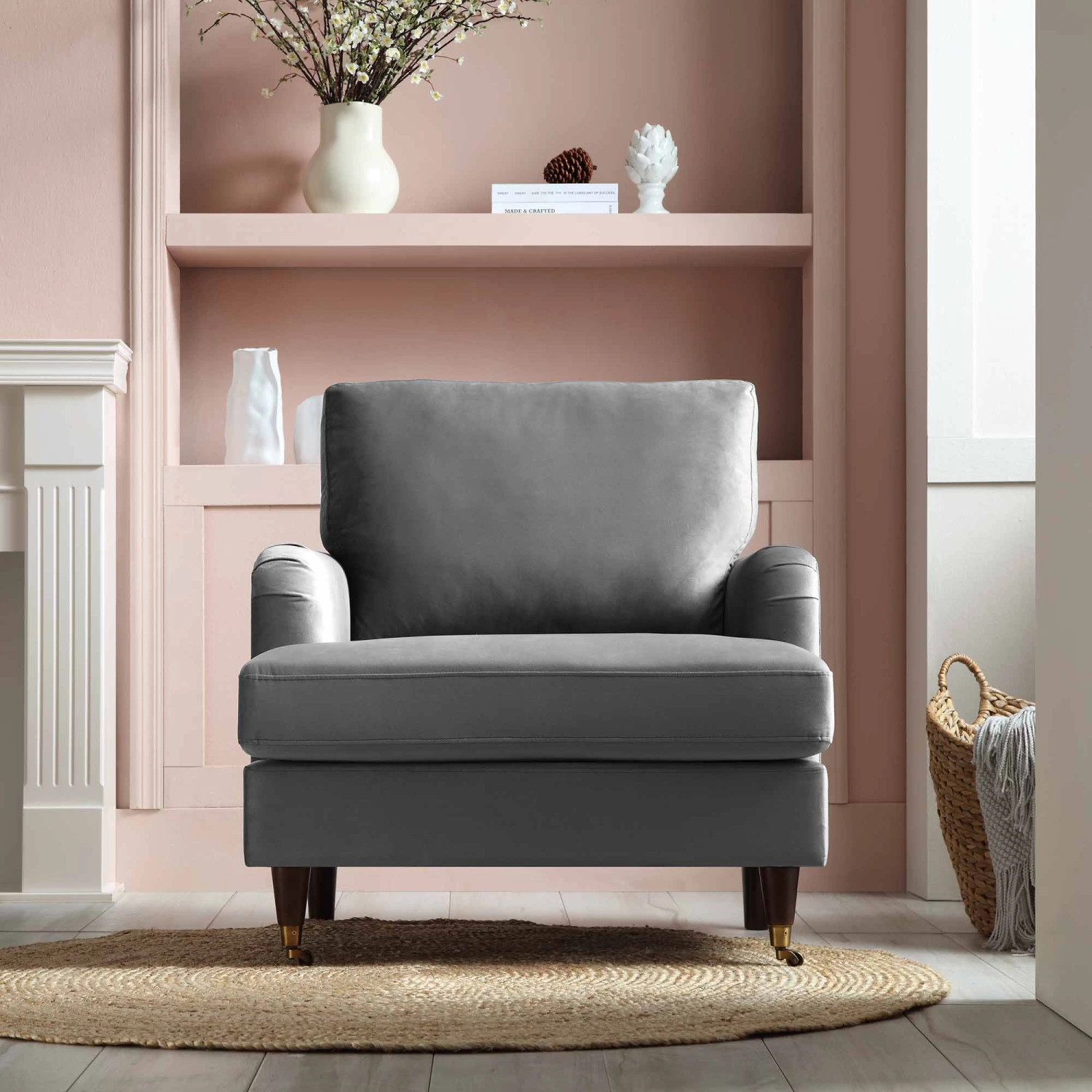 Brigette Grey Velvet Armchair With Antique Brass Castor Legs - Image 2