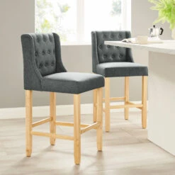 Harbury Set Of 2 Buttoned Bar Stools (Light Grey Linen)
