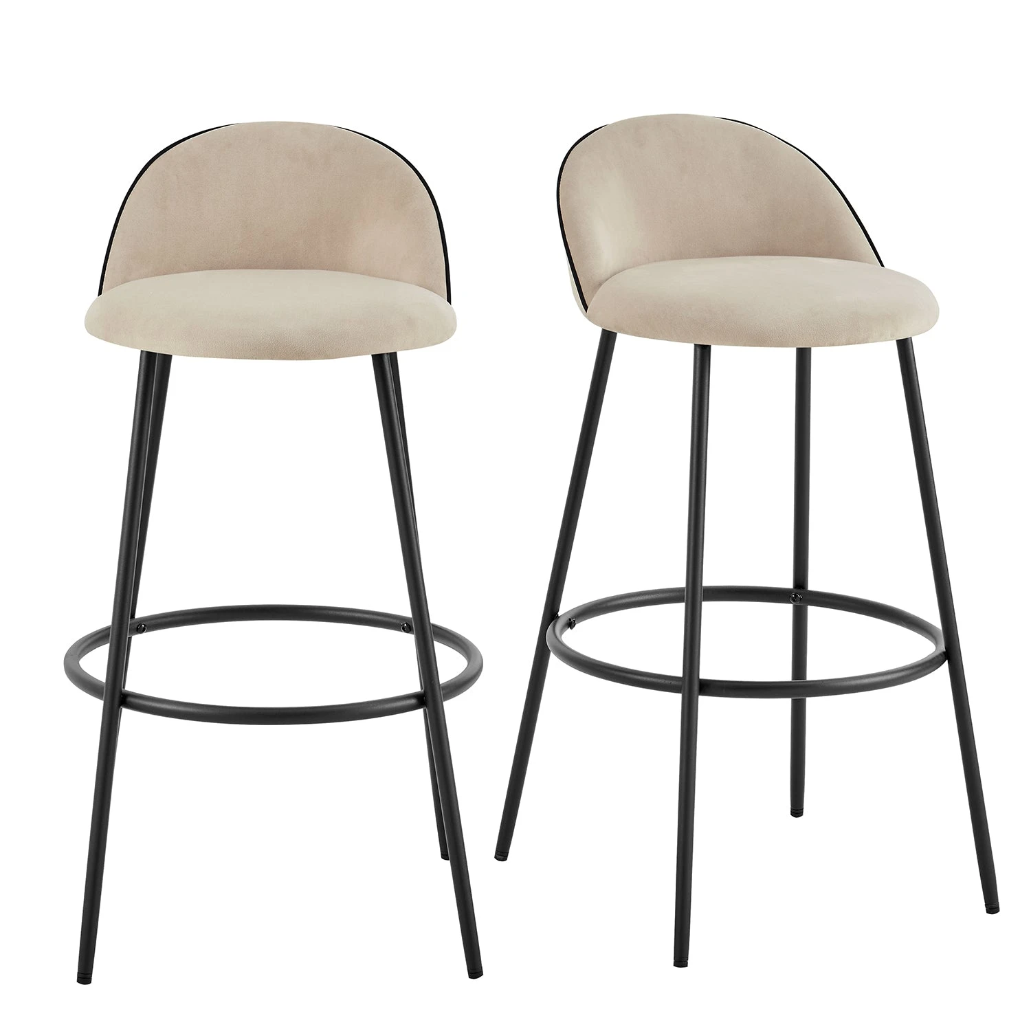 Barton Set Of 2 Champagne Velvet Upholstered Bar Stools With Contrast Piping - Image 2