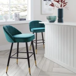 Miyae Set Of 2 Pleated Teal Velvet Upholstered Counter Stools