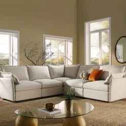 Byron Pillow Edge Beige Fabric Modular Sofa, 5-Seater Corner