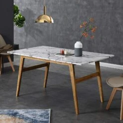ASCONA White Marble Effect 6-Seater Dining Table With Solid Oak Legs