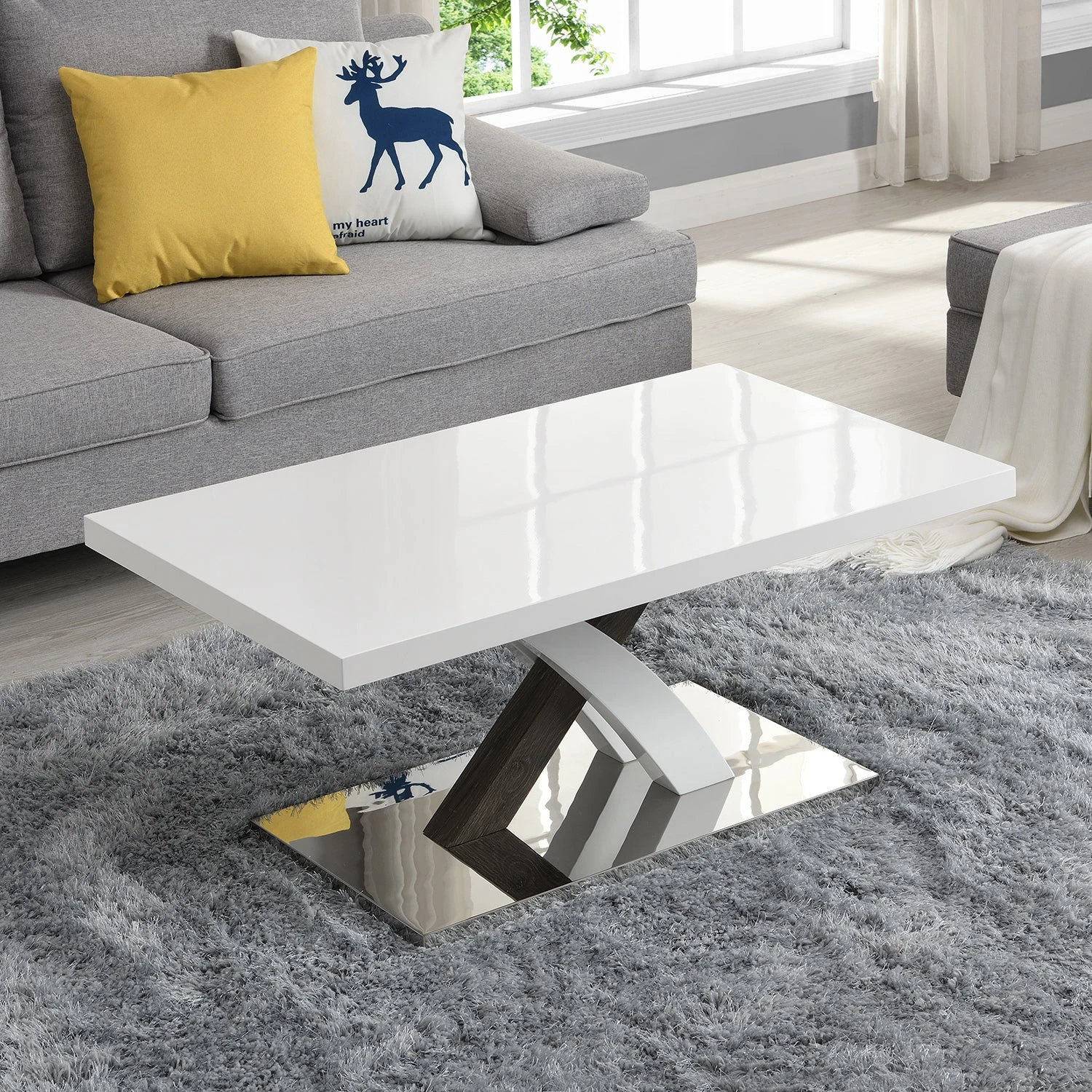 Basel High Gloss White Coffee Table With Stainless Steel Base - Image 2