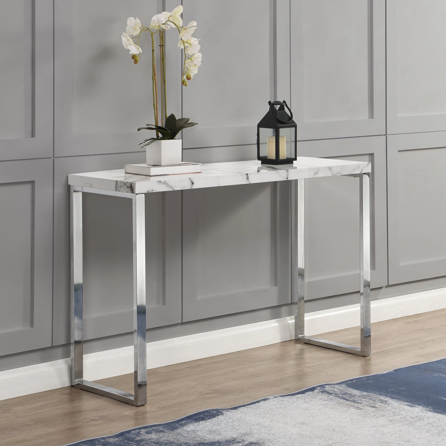 BIASCA High Gloss Marble Effect 120cm Console Table With Silver Chrome Legs