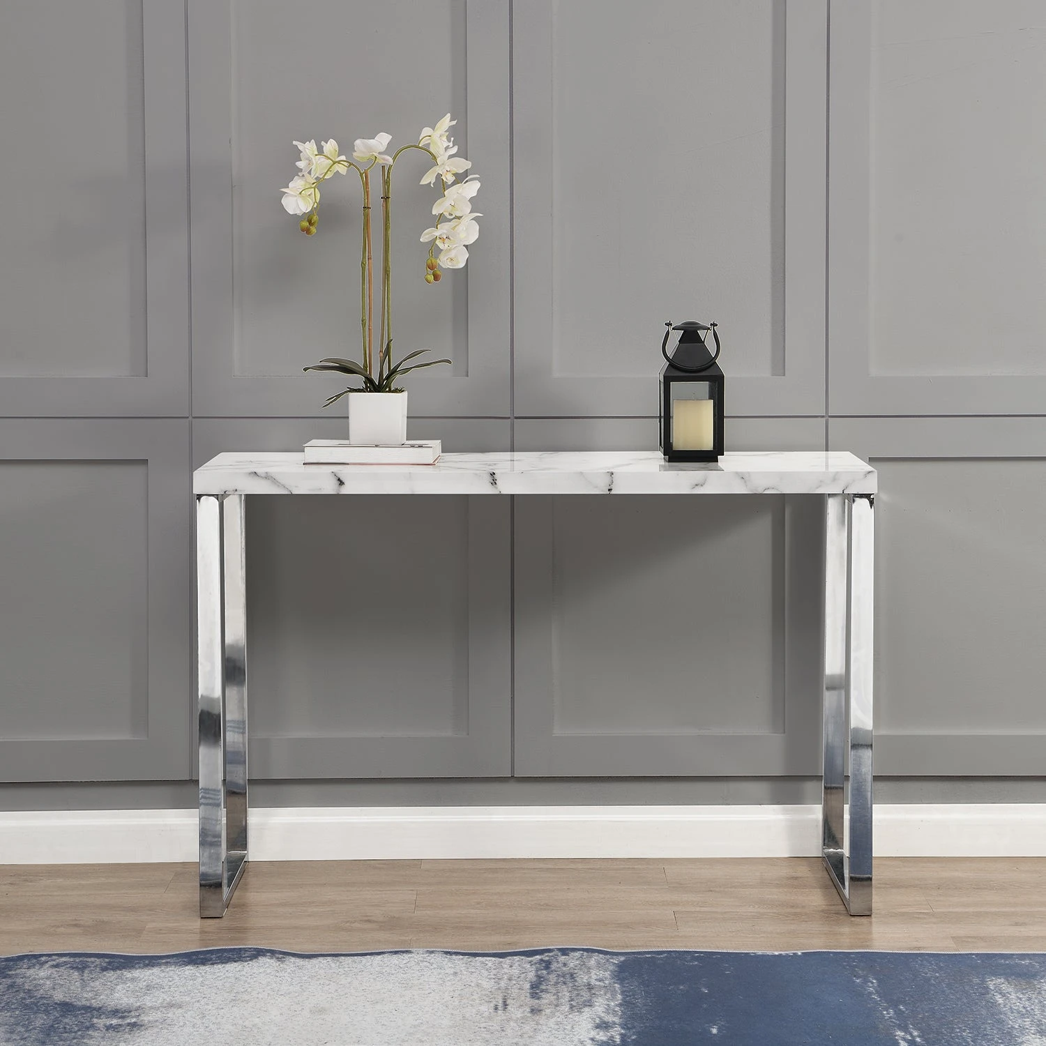 BIASCA High Gloss Marble Effect 120cm Console Table With Silver Chrome Legs - Image 2