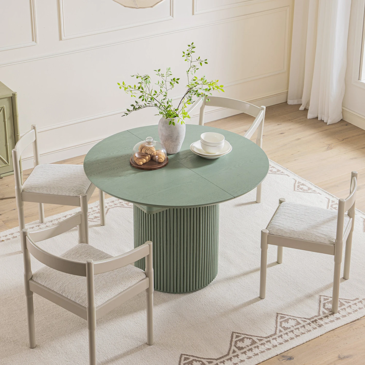 Maru Round 4-6 Seater Extending Oak Pedestal Dining Table, Sage Green - Image 3