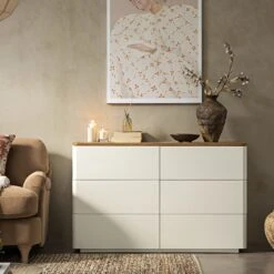 Agnes Curved Edge Chest Of 6 Drawers, Off White With Oak Top