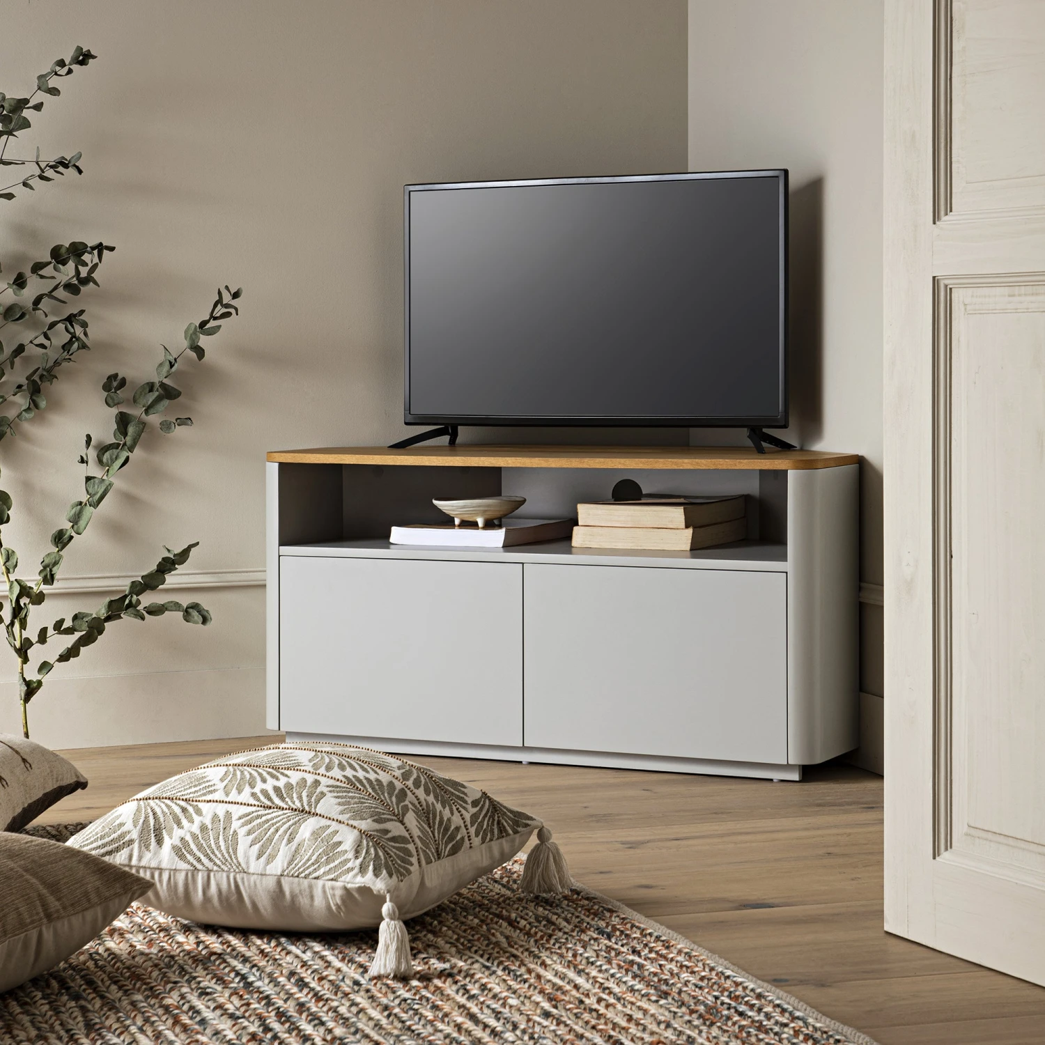 Agnes Curved Edge Corner TV Unit, Dove Grey With Oak Top