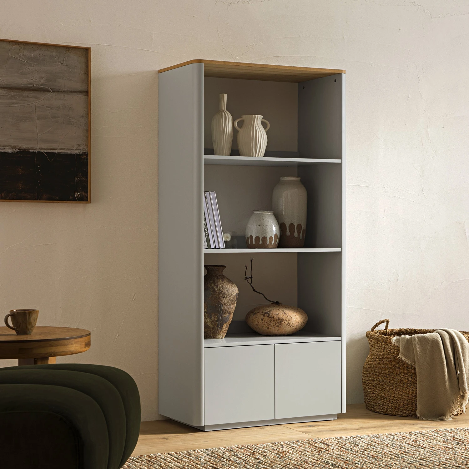Agnes Curved Edge Bookcase, Dove Grey With Oak Top - Image 2