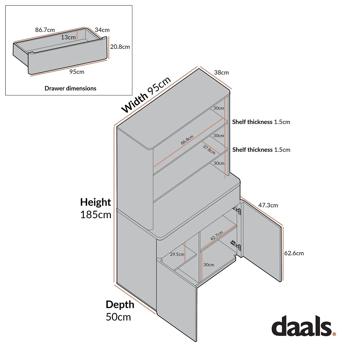 Agnes Curved Edge Dresser, Dove Grey With Oak Top - Image 6