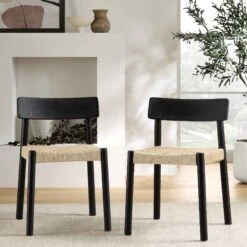 Ditton Set Of 2 Elm Wood And Jute Dining Chairs, Black