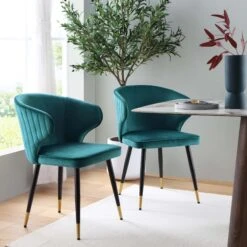 Langham Set Of 2 Teal Velvet Upholstered Carver Dining Chairs