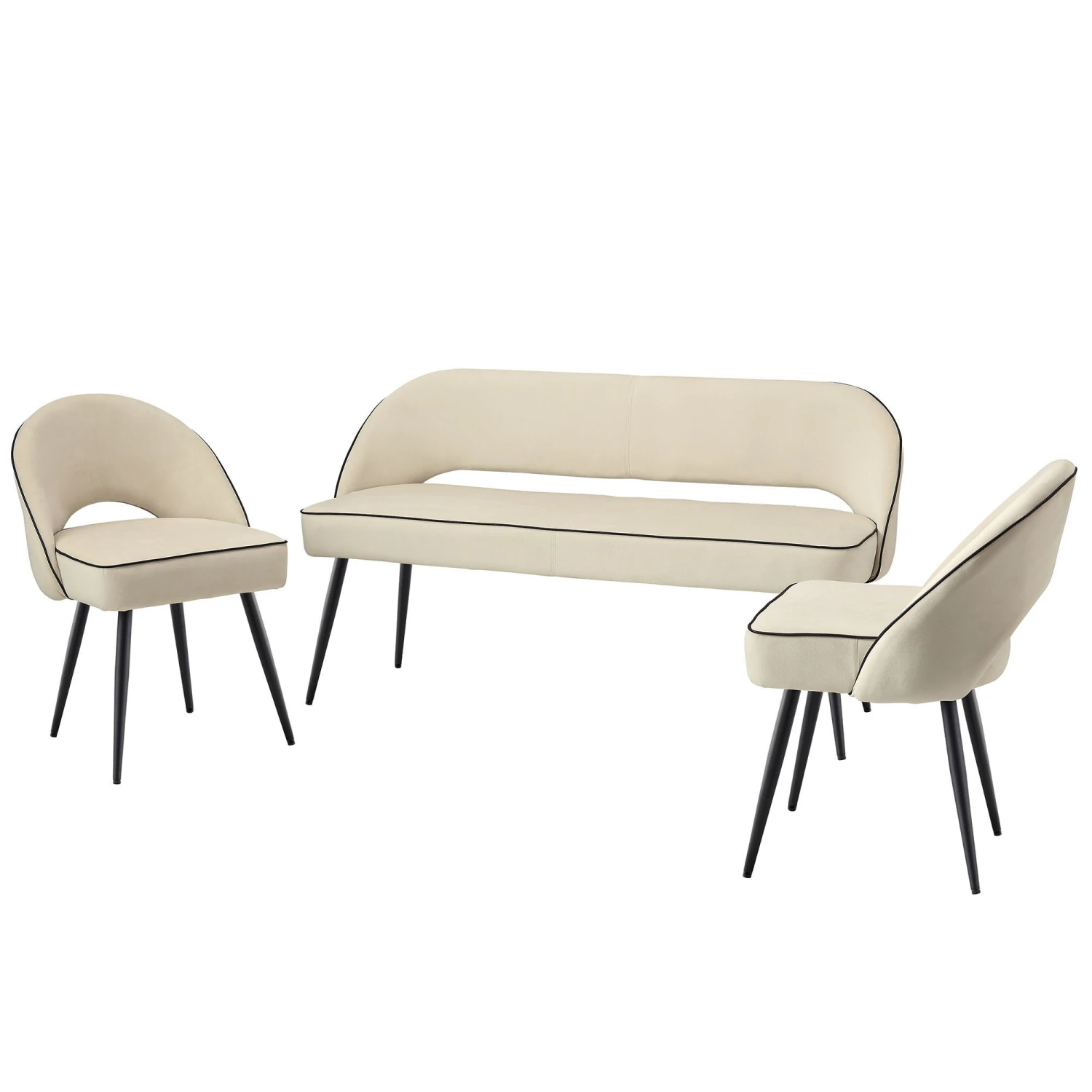 Oakley Champagne Velvet Upholstered 3 Seater Dining Bench With Contrast Piping - Image 3