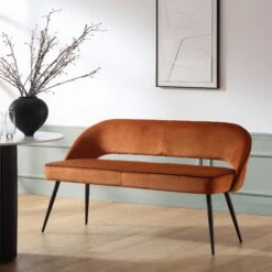 Oakley Orange Velvet Upholstered 3 Seater Dining Bench With Contrast Piping