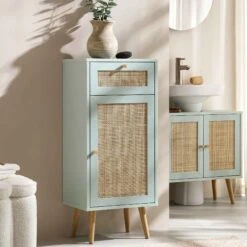 Frances Woven Rattan 1-Door Bathroom Cabinet, Mint
