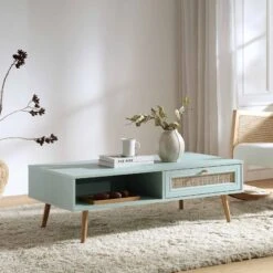 Frances Woven Rattan Wooden Coffee Table In Mint