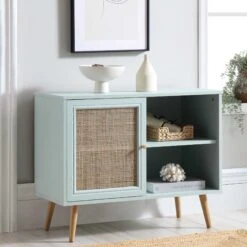 Frances Woven Rattan 1-Door Cabinet In Mint