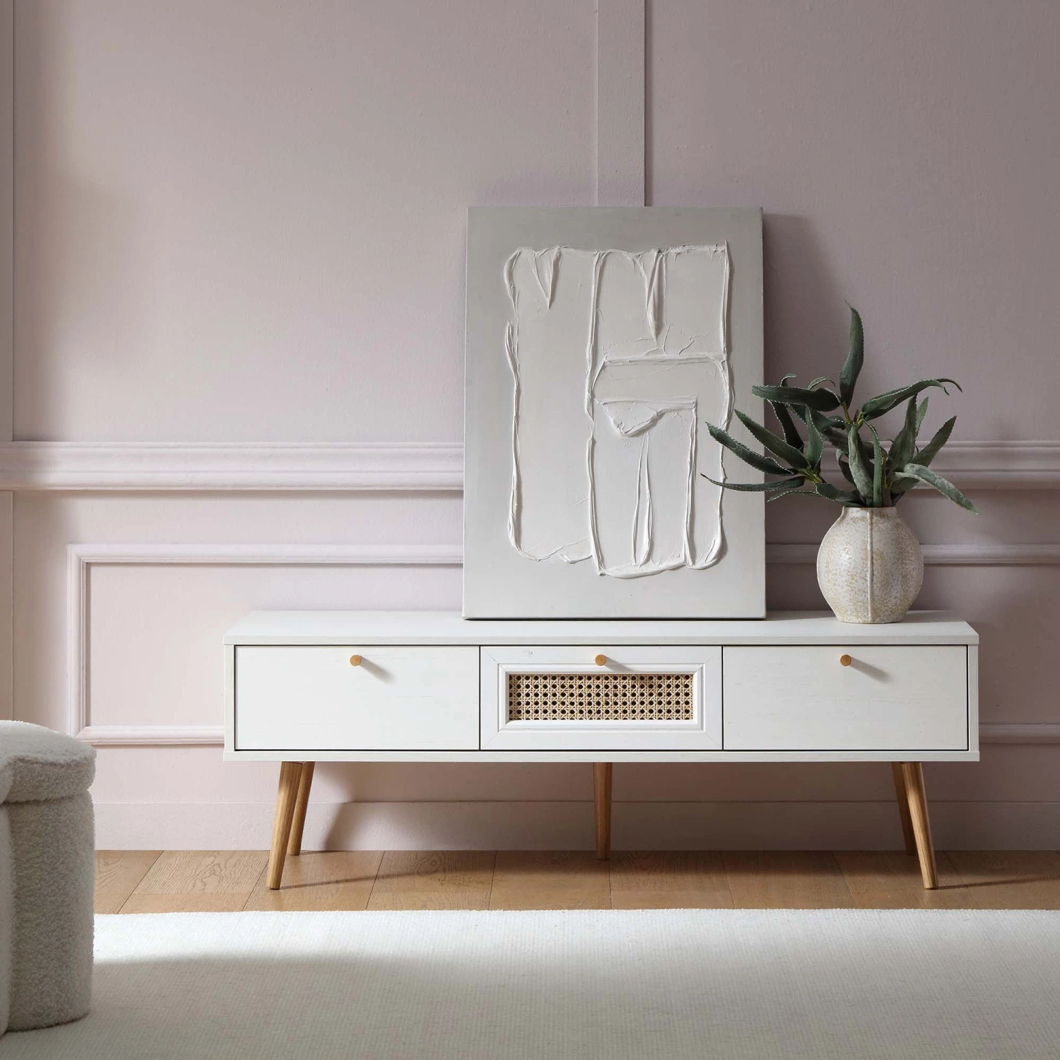 Anya Woven Rattan 3-Drawer TV Unit In White - Image 2