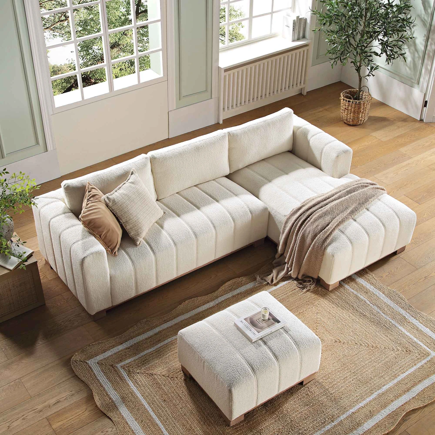 Belsize Beige Boucle Sofa With Wooden Base, Large Chaise Right Hand Facing - Image 3