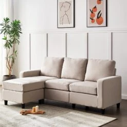 Campbell 3 Seater Sofa With Reversible Chaise In Beige Woven Fabric