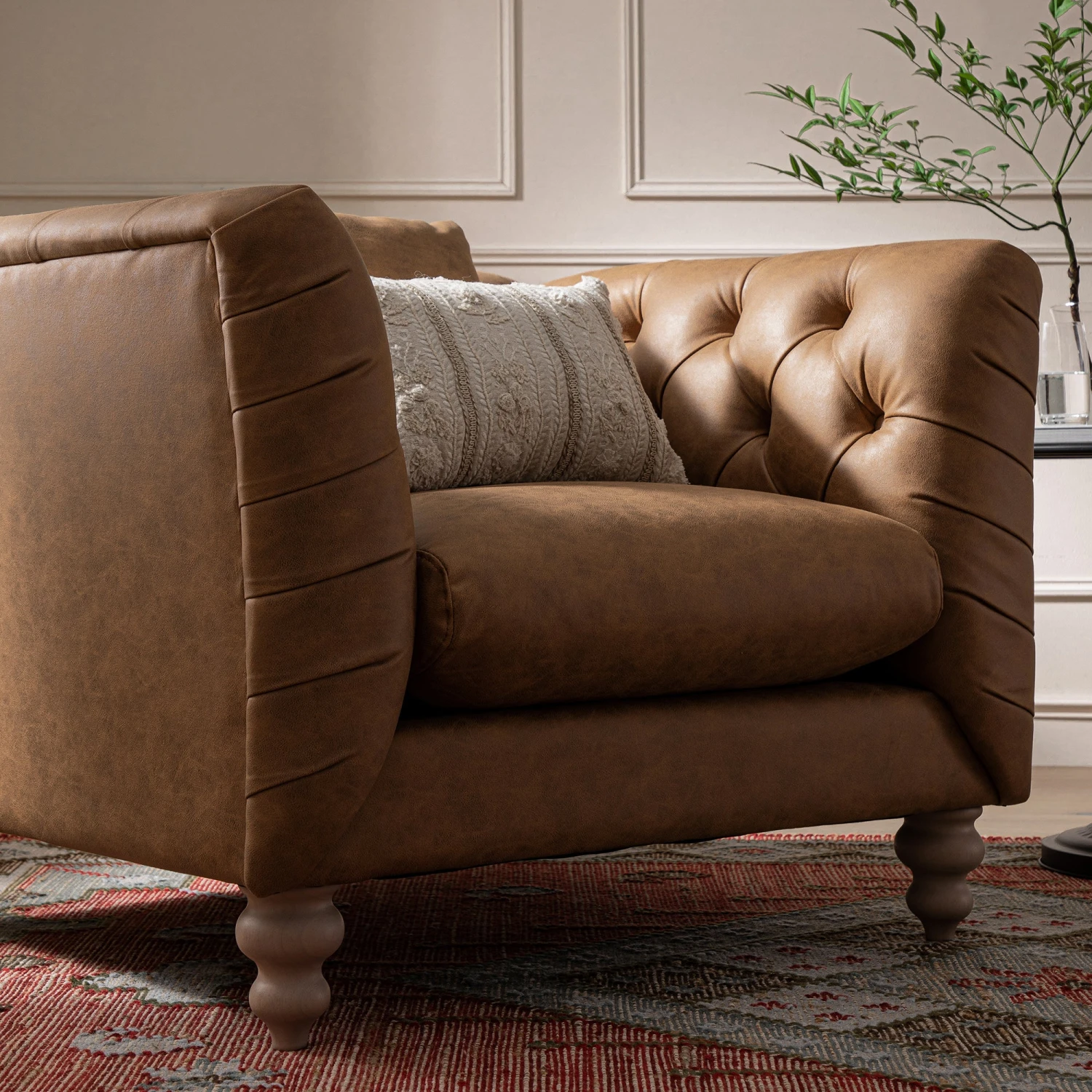 Ashby Chesterfield Armchair, Tan Faux Leather - Image 5