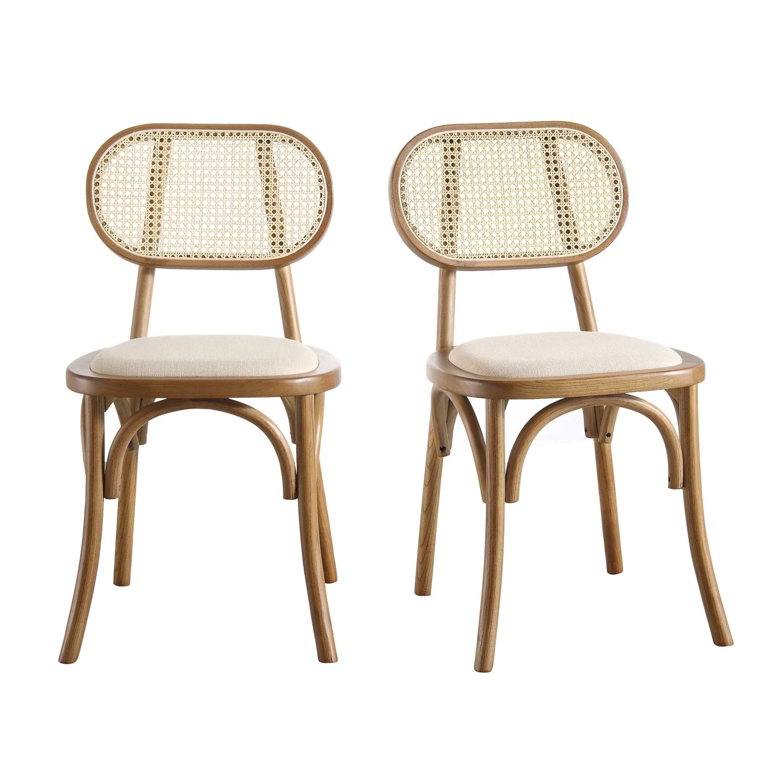 Anya Set Of 2 Cane Rattan And Upholstered Dining Chairs, Light Walnut - Image 3