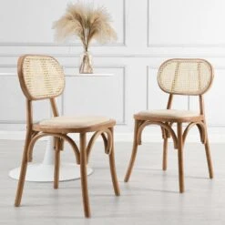Anya Set Of 2 Cane Rattan And Upholstered Dining Chairs, Natural Colour