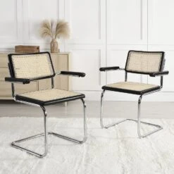 Rayna Pair Of 2 Solid Beech Dining Chairs With Armrests, Natural Cane & Chrome (Black)