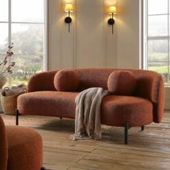 Amboise 3-Seater Curved Sofa With Ball Cushions, Brick Boucle
