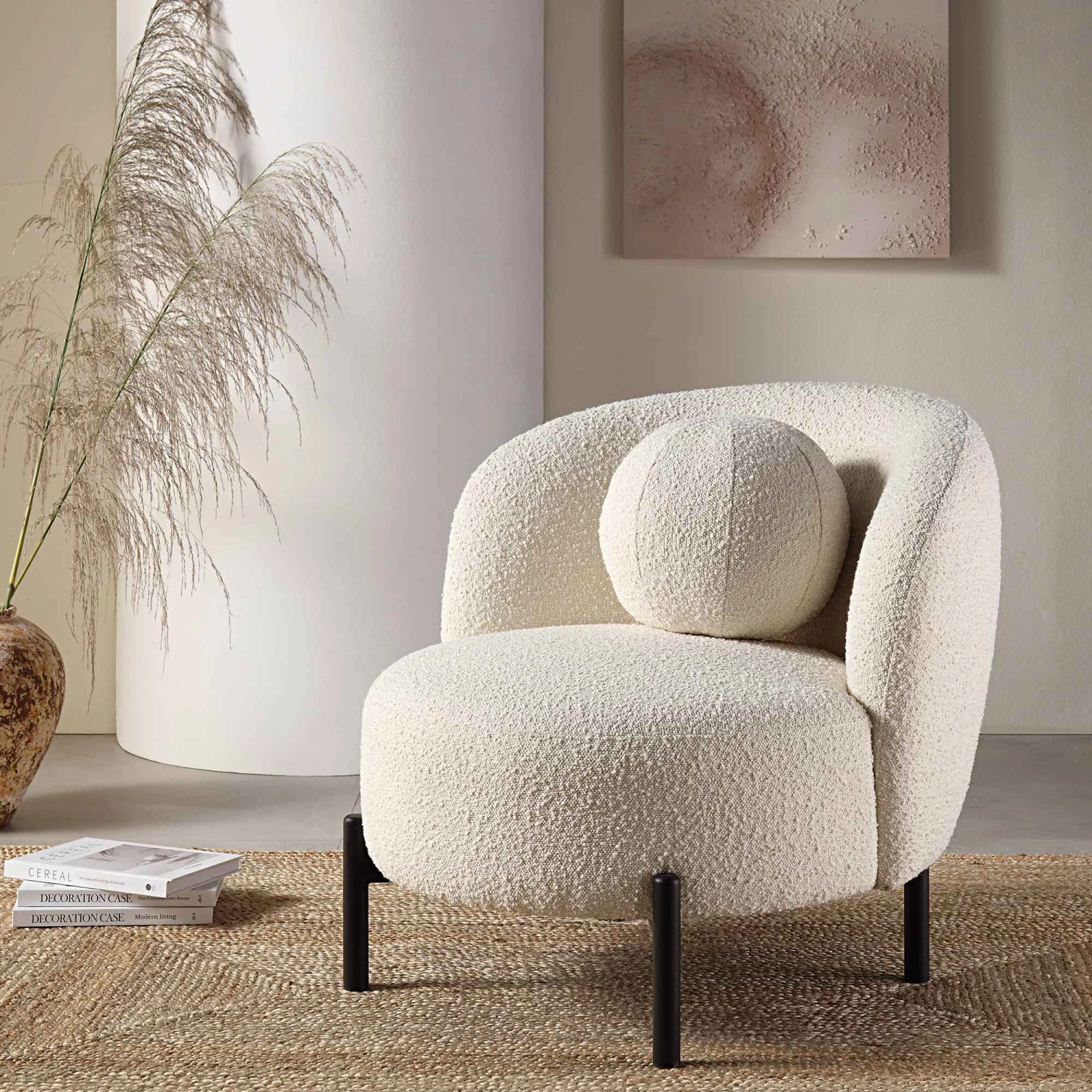 Amboise Armchair With Ball Cushion, Ecru Boucle