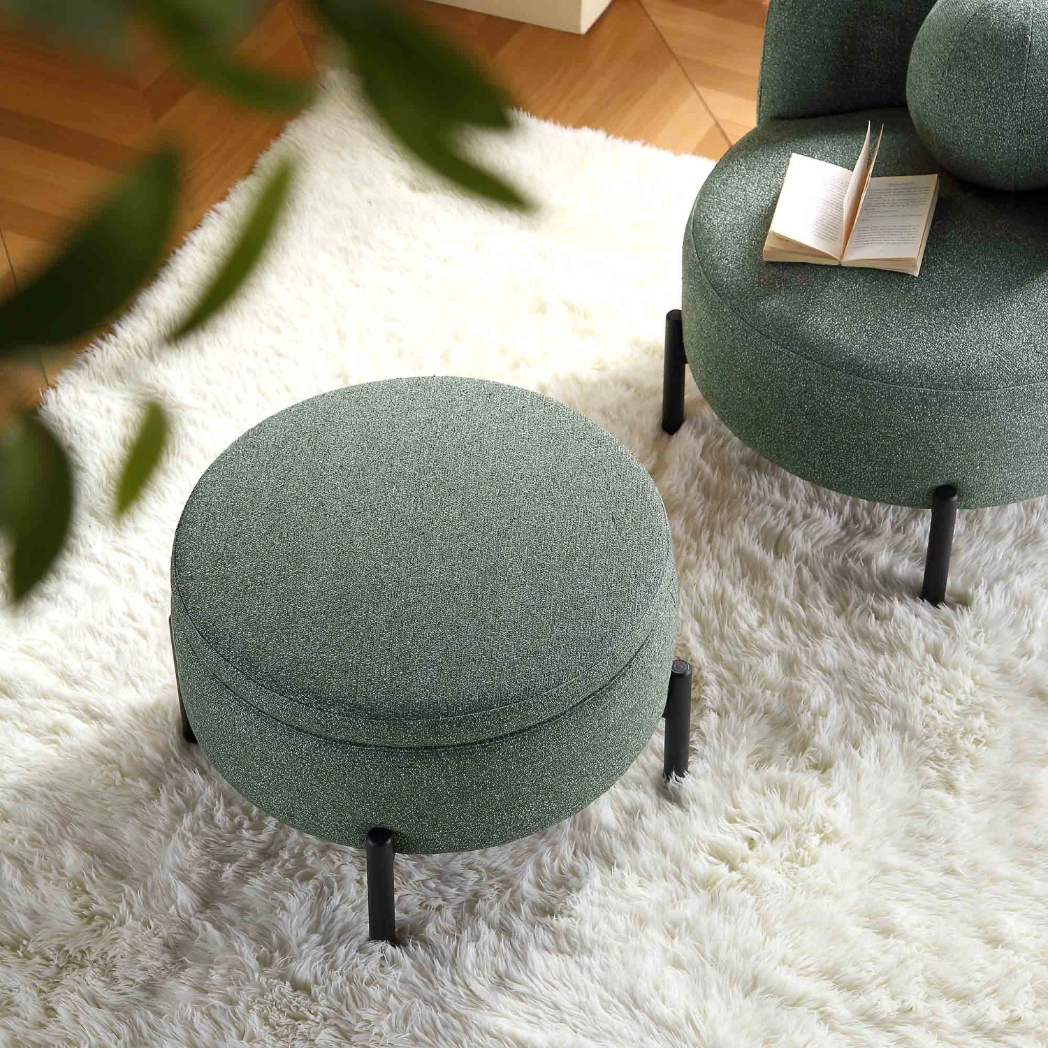 Amboise Round Storage Pouffe, Spruce Green Textured Fabric - Image 2