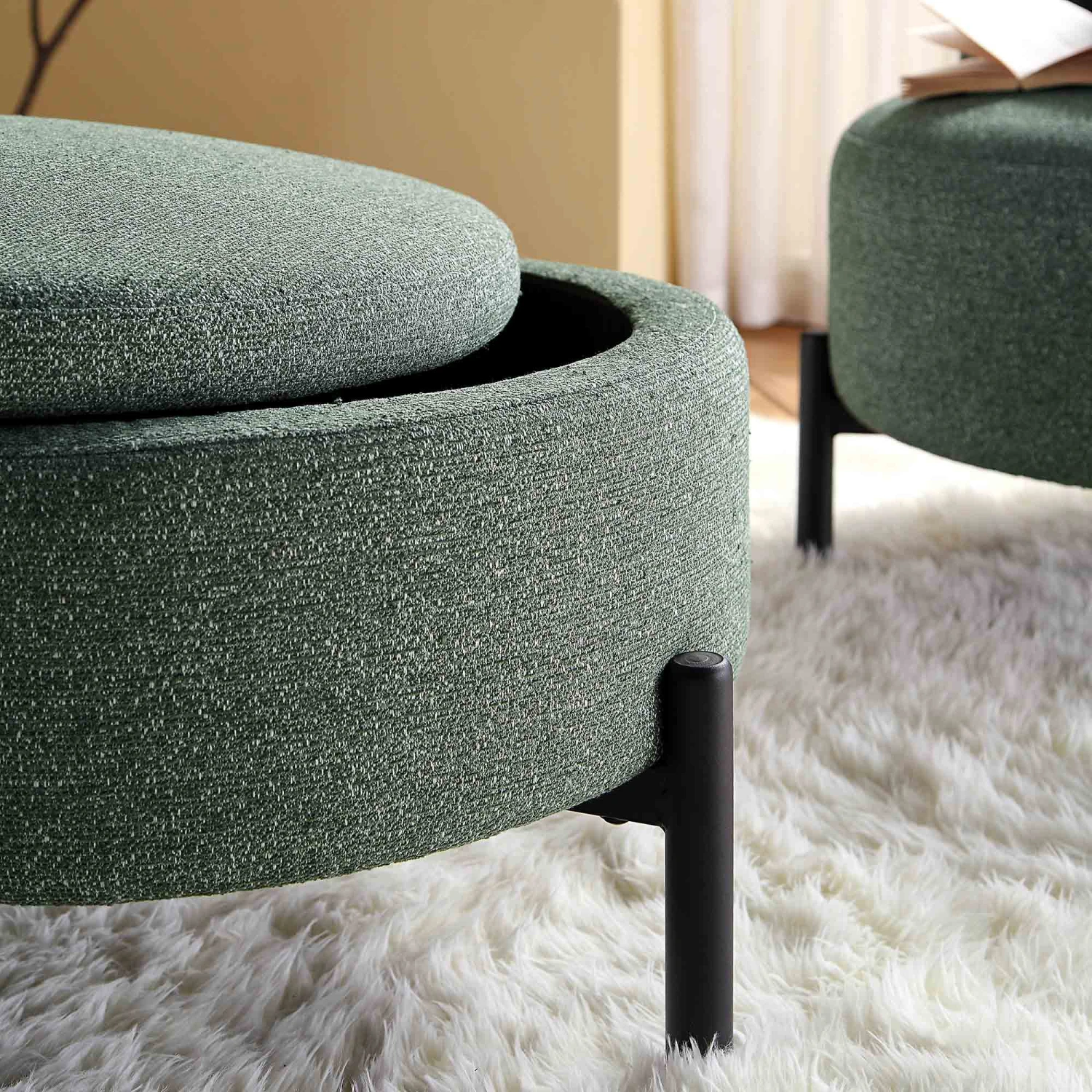 Amboise Round Storage Pouffe, Spruce Green Textured Fabric - Image 4