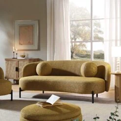 Amboise 3-Seater Curved Sofa With Ball Cushions, Marigold Textured Fabric