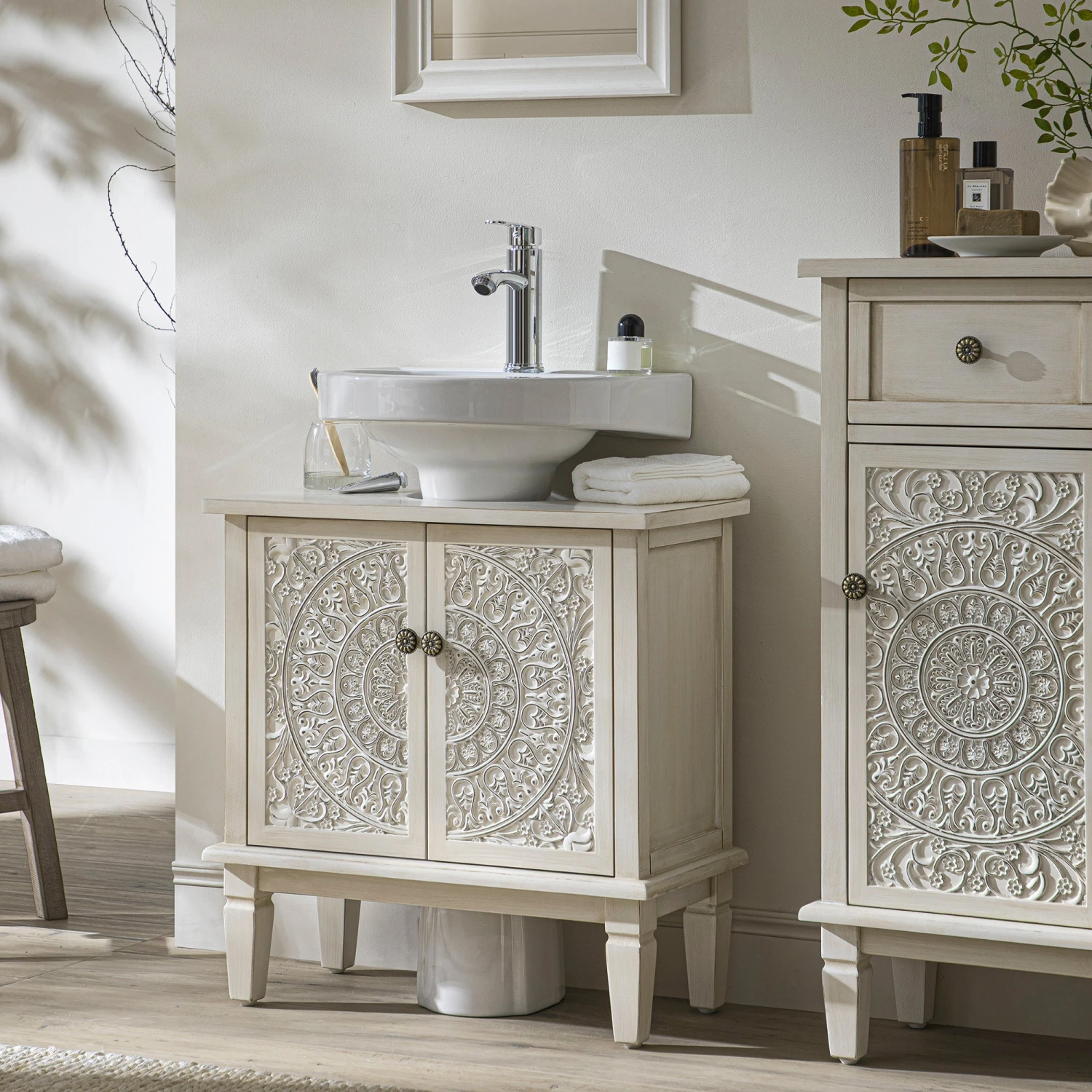 Chantilly Whitewashed Carved Bathroom Undersink Unit - Image 2