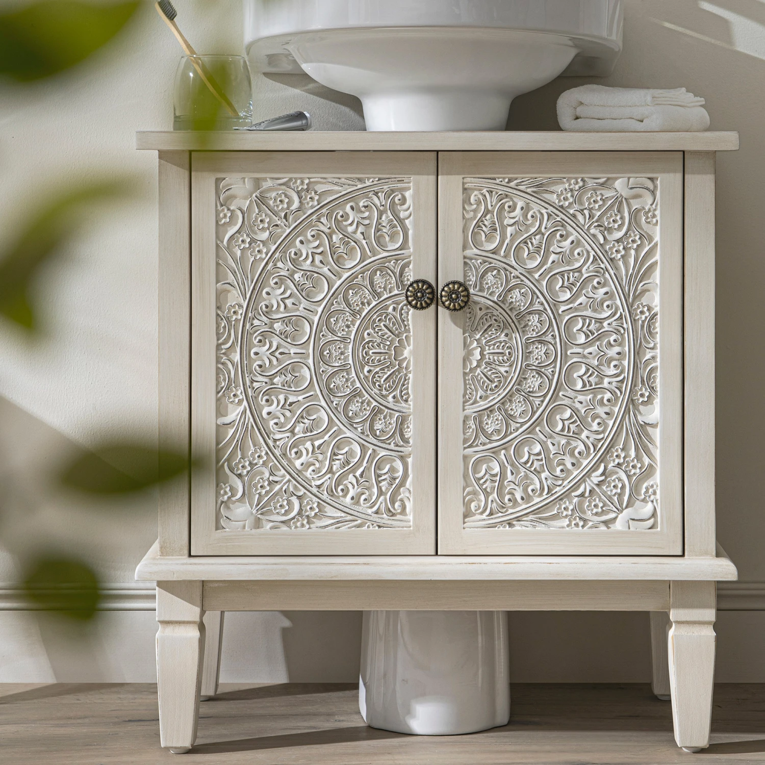 Chantilly Whitewashed Carved Bathroom Undersink Unit - Image 3