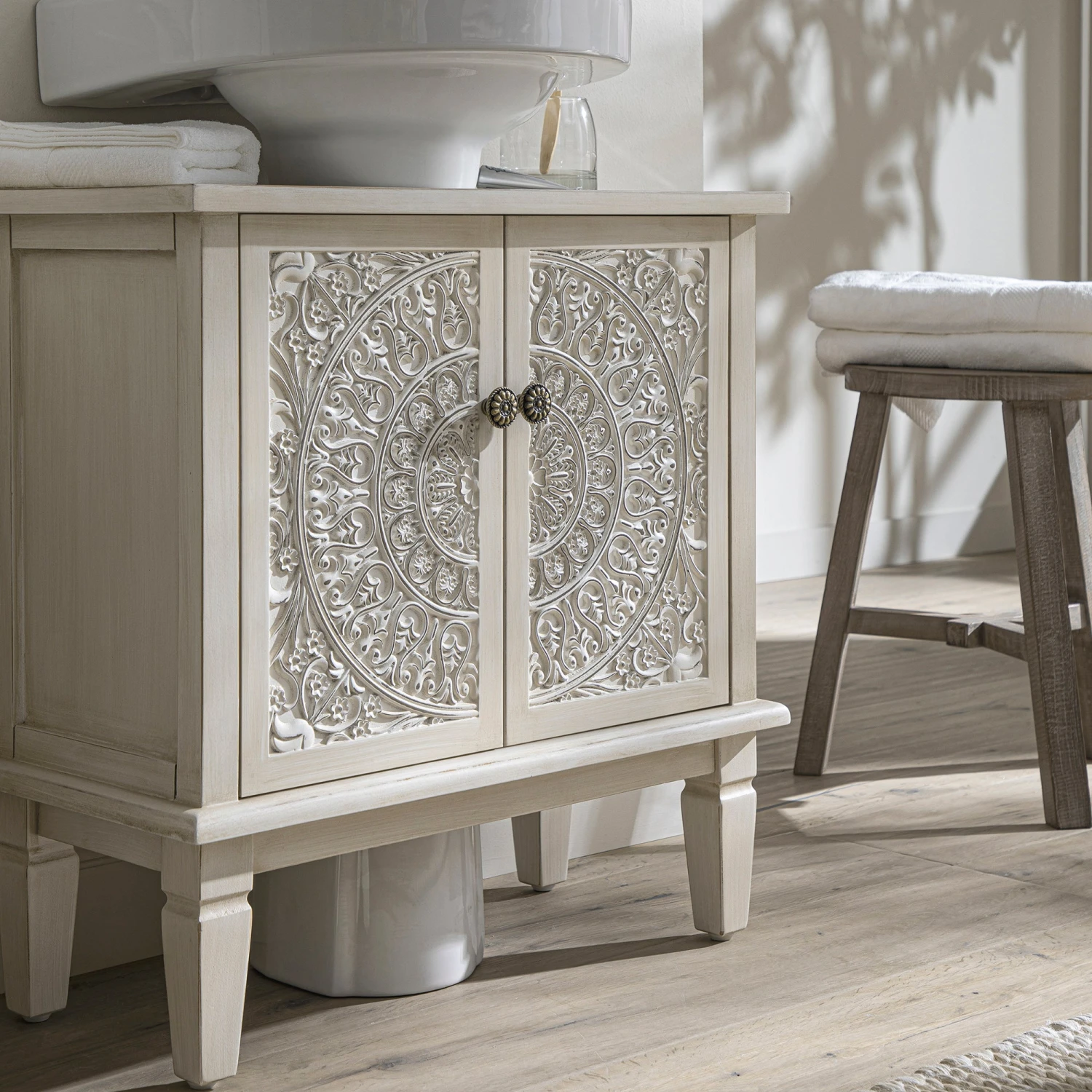 Chantilly Whitewashed Carved Bathroom Undersink Unit - Image 5