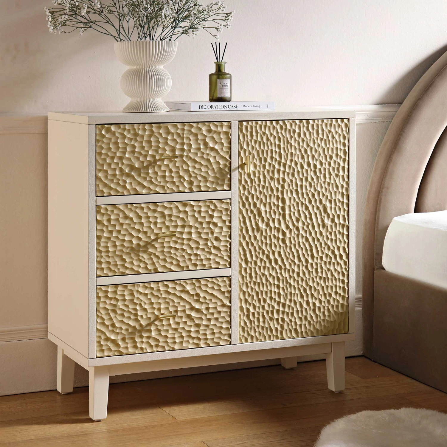 Bianca Chip Carved 1 Door 3 Drawer Small Sideboard, Sand Beige & Ivory - Image 2