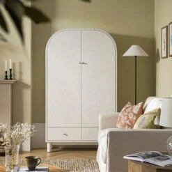 Maude Large Storage Cabinet, Washed White Ash With Raffia