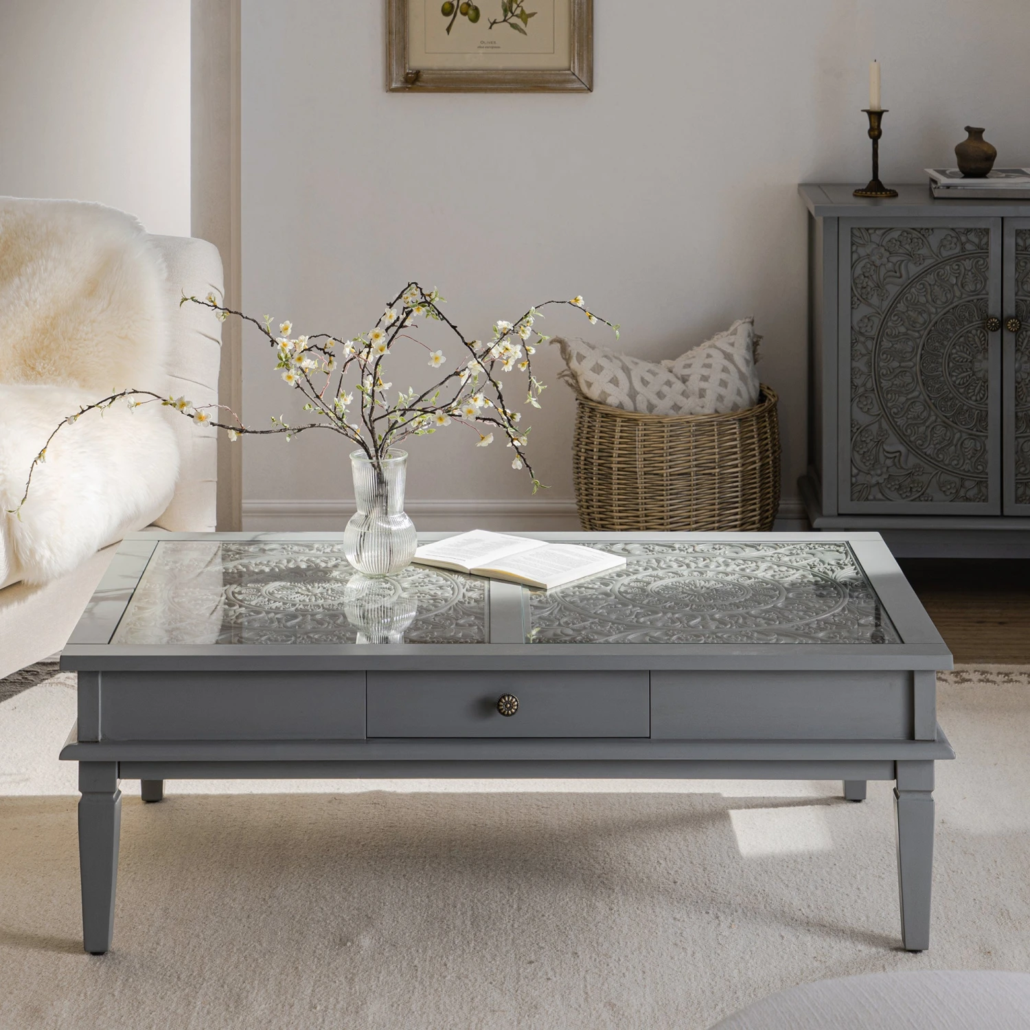 Chantilly Mid Grey Coffee Table With Drawers - Image 3