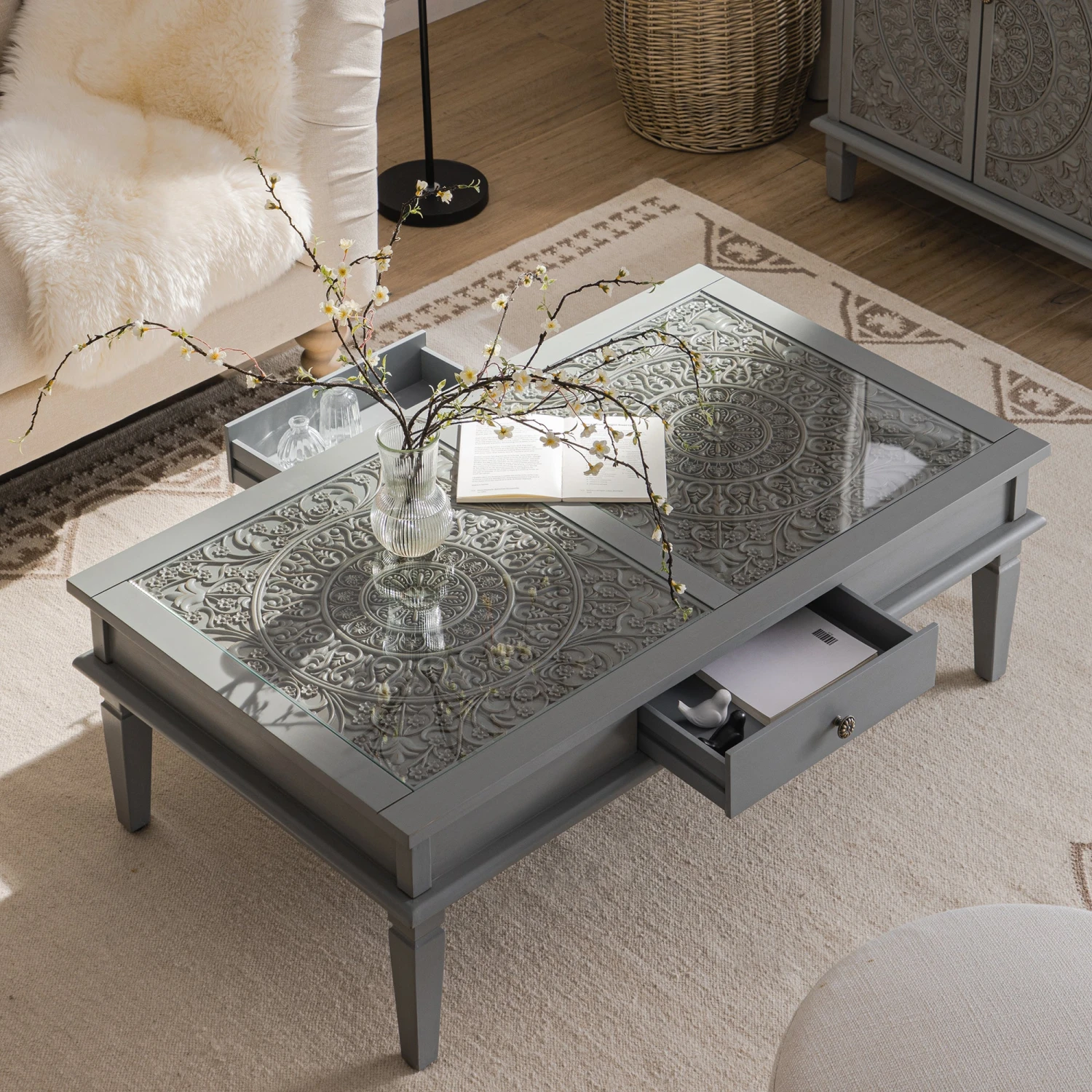 Chantilly Mid Grey Coffee Table With Drawers - Image 4